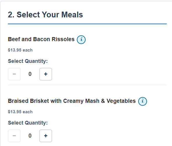 All The Food meal selection step, choosing dishes and quantities