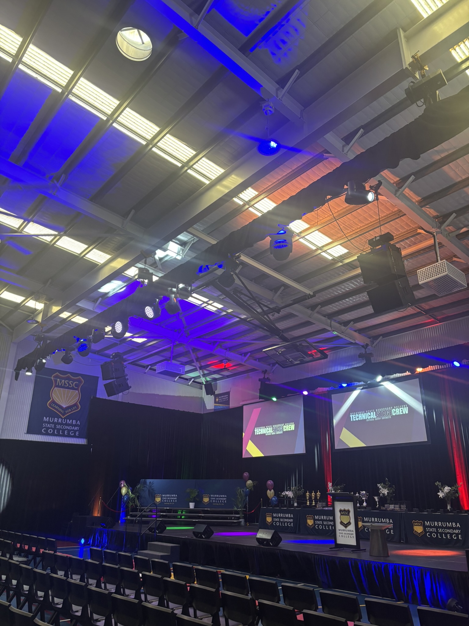 Full stage lighting rig, trophy table and Technical Stage Crew screens set up for the MSSC awards night