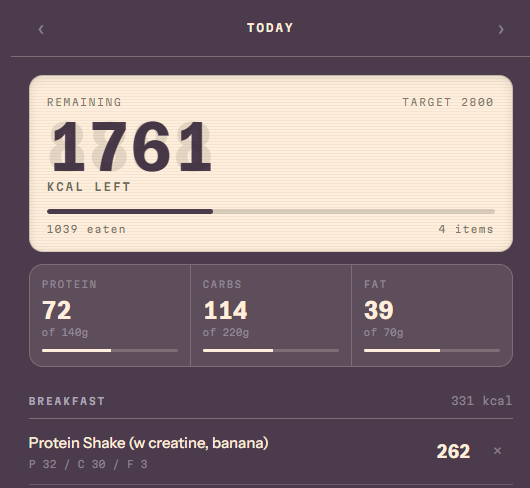Tare dashboard showing calories remaining and macro progress for the day
