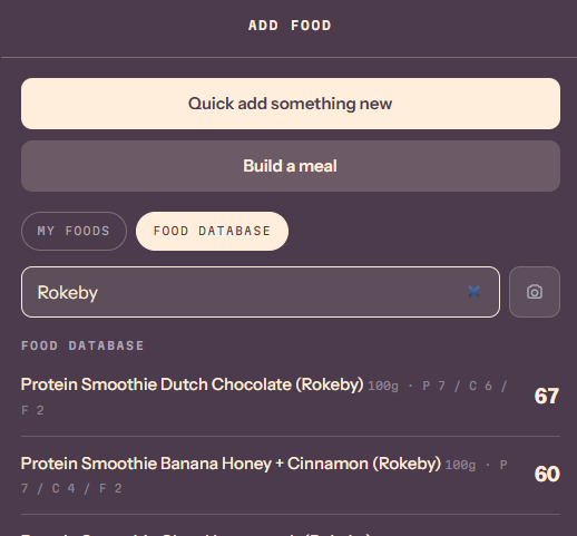 Tare food database search when adding a meal