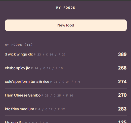 Tare saved foods list for meals eaten often
